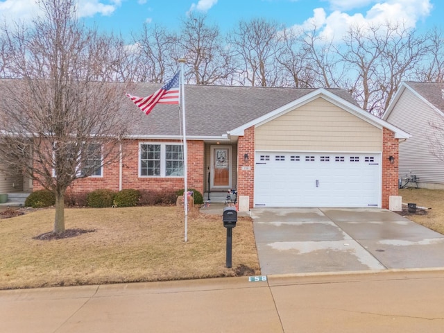 ranch-style home with driveway, an attached garage, a front yard, and brick siding