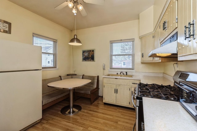 kitchen with stainless steel gas range oven, light wood-style flooring, under cabinet range hood, light countertops, and freestanding refrigerator