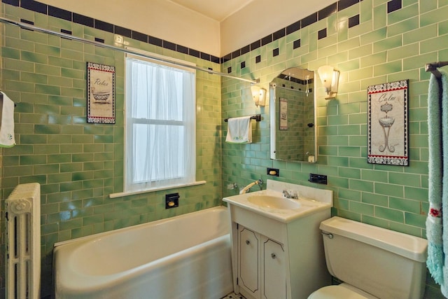 full bathroom with a bathing tub, radiator heating unit, plenty of natural light, and tile walls