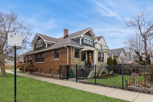 bungalow-style house featuring a fenced front yard, a front yard, a chimney, and brick siding