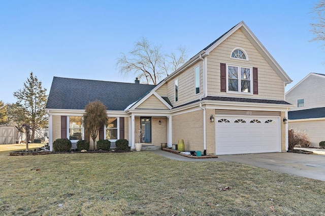 traditional-style house featuring an attached garage, brick siding, a shingled roof, concrete driveway, and a front lawn