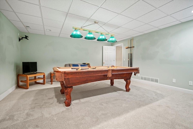 game room featuring carpet floors, a paneled ceiling, visible vents, and baseboards