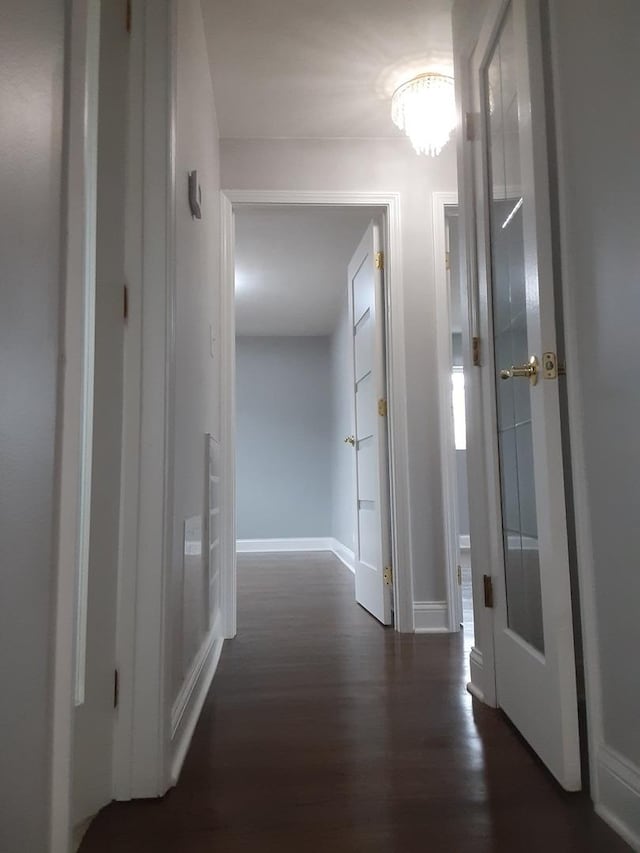 hall with baseboards and dark wood-style flooring