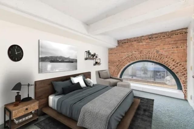 bedroom with beamed ceiling, a fireplace, and carpet flooring