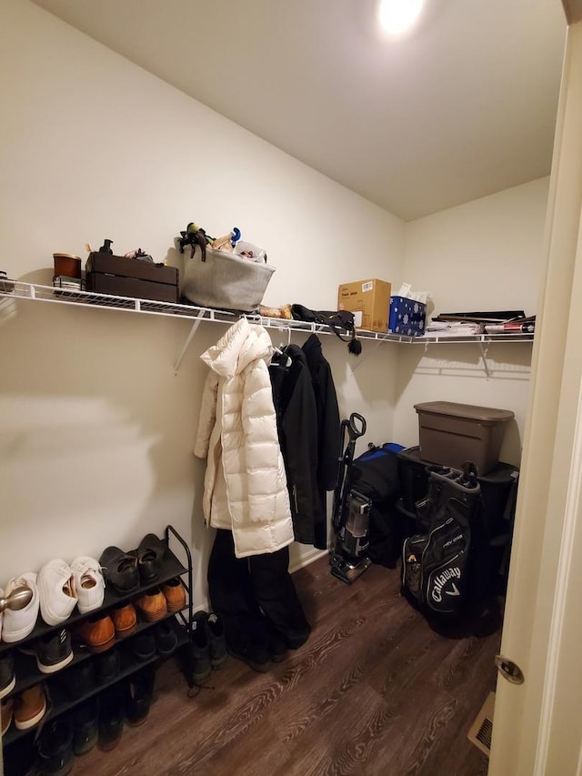 spacious closet with lofted ceiling and wood finished floors