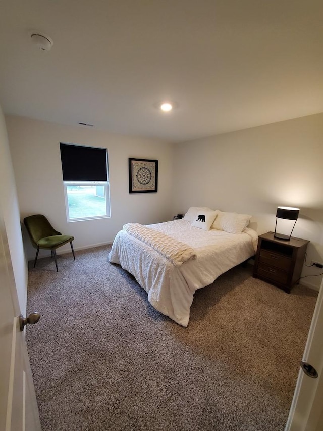 bedroom featuring carpet, baseboards, and recessed lighting