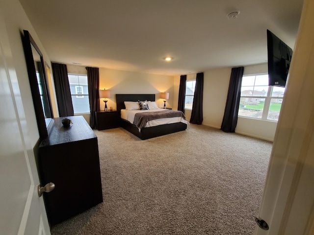 bedroom with baseboards, carpet floors, and multiple windows