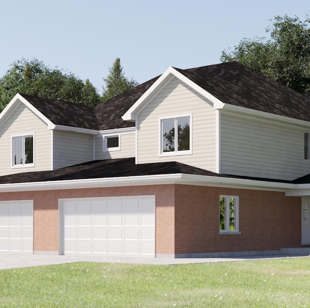 view of front of property featuring brick siding, a front yard, a garage, and roof with shingles