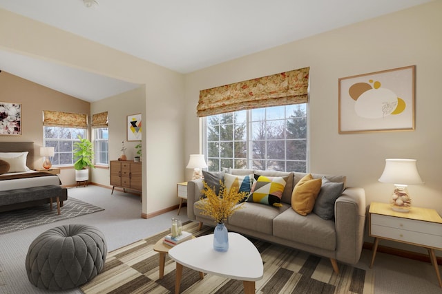 living room featuring carpet floors, vaulted ceiling, and baseboards