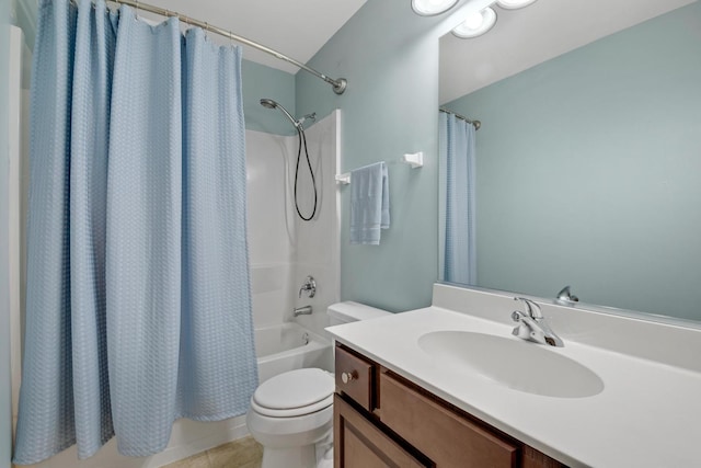 bathroom featuring shower / bath combination with curtain, tile patterned flooring, vanity, and toilet