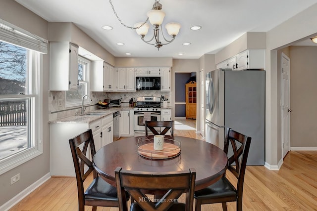 kitchen with appliances with stainless steel finishes, backsplash, a sink, and white cabinetry