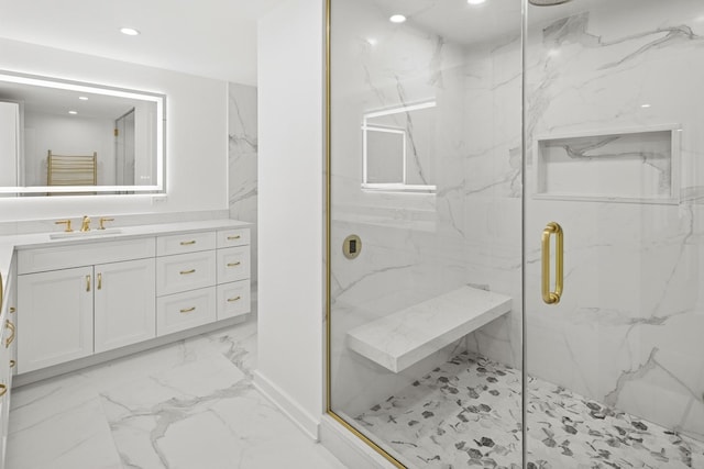 180 E Pearson St Unit 4606, Chicago, IL 60611 - full bath with recessed lighting, marble finish floor, vanity, and a marble finish shower
