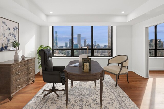 180 E Pearson St Unit 4606, Chicago, IL 60611 - office area with light wood-type flooring, a view of city, baseboards, and recessed lighting