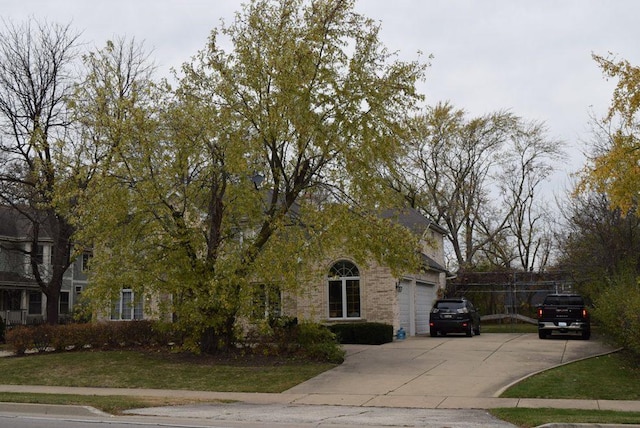 view of property hidden behind natural elements with concrete driveway and an attached garage