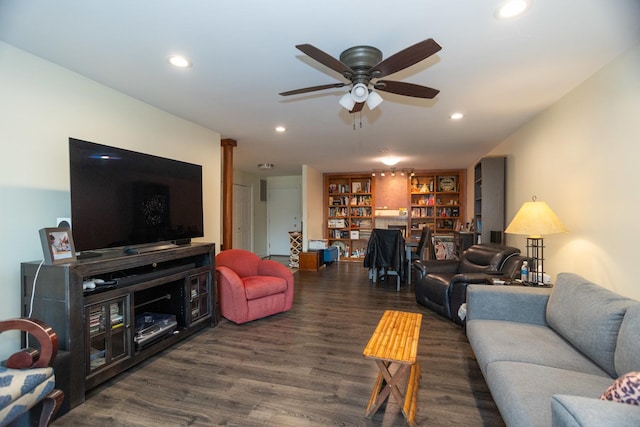 living room with recessed lighting, ceiling fan, and wood finished floors