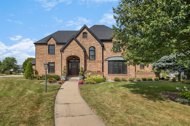 view of front of property featuring a shingled roof, a front yard, and brick siding