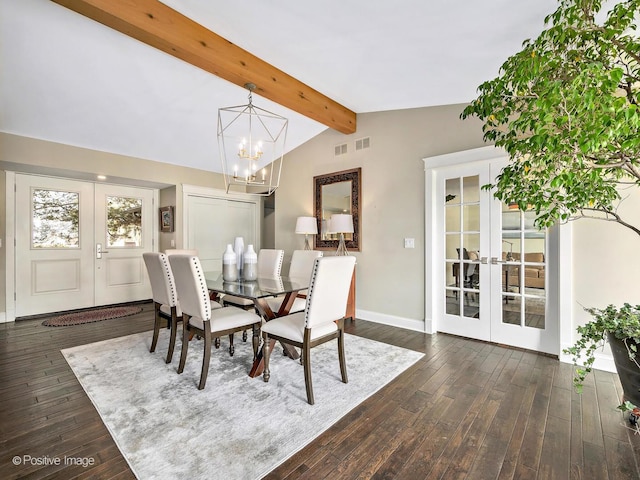 dining space with french doors, dark wood-style flooring, a notable chandelier, vaulted ceiling with beams, and baseboards