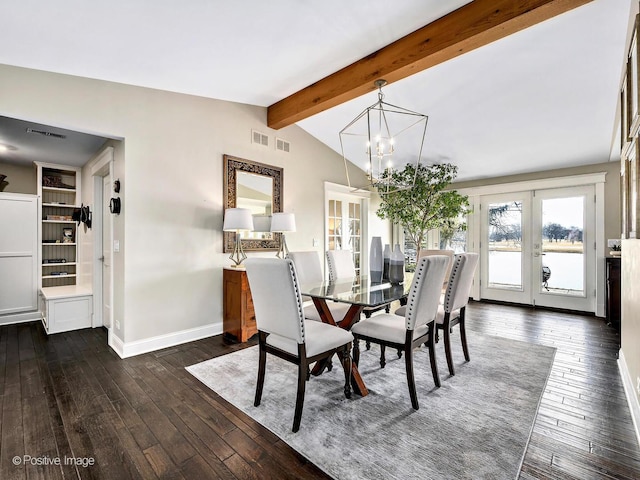 dining room with french doors, dark wood-style flooring, vaulted ceiling with beams, an inviting chandelier, and baseboards