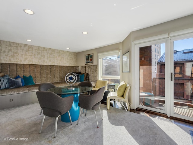 interior space featuring recessed lighting, carpet flooring, and wallpapered walls