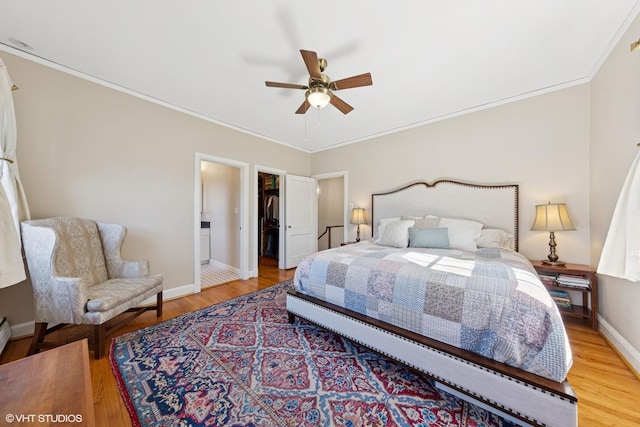 bedroom featuring a walk in closet, crown molding, light wood-style floors, a ceiling fan, and baseboards