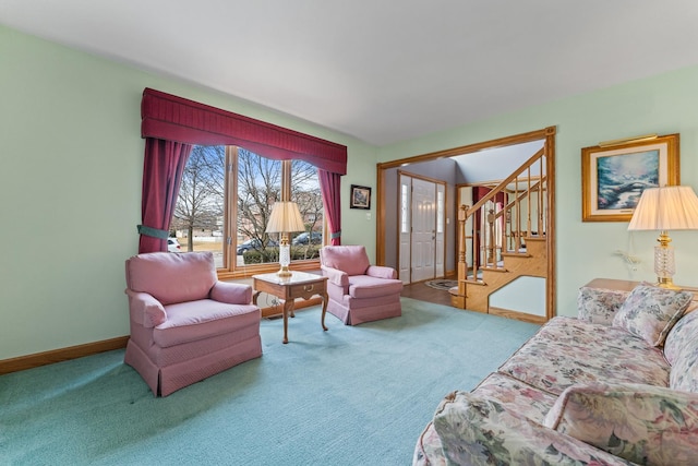 living area featuring stairs, carpet, and baseboards