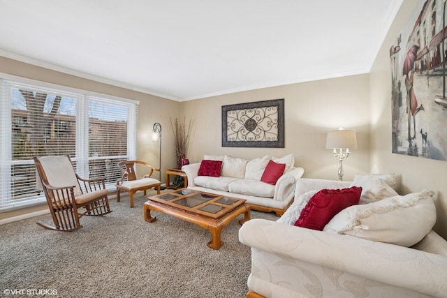 carpeted living room featuring crown molding