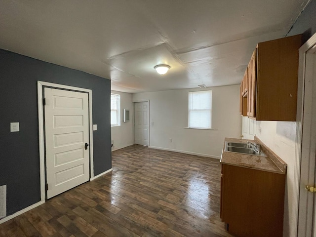 interior space featuring a wealth of natural light, dark wood finished floors, a sink, and baseboards