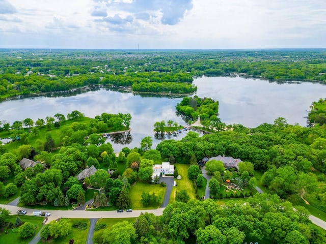 birds eye view of property featuring a water view and a view of trees