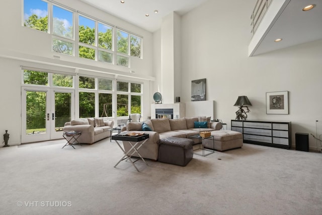 living room featuring carpet flooring and a high ceiling