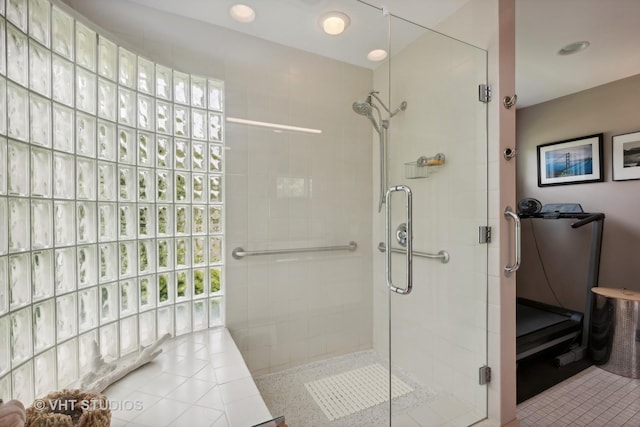 full bath with tile patterned flooring, a shower stall, and recessed lighting