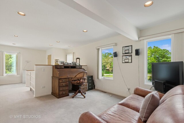 living area with beamed ceiling, carpet flooring, a wealth of natural light, and recessed lighting