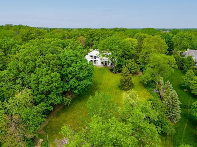 bird's eye view with a wooded view