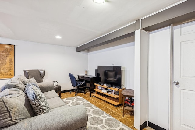 tiled living room with recessed lighting