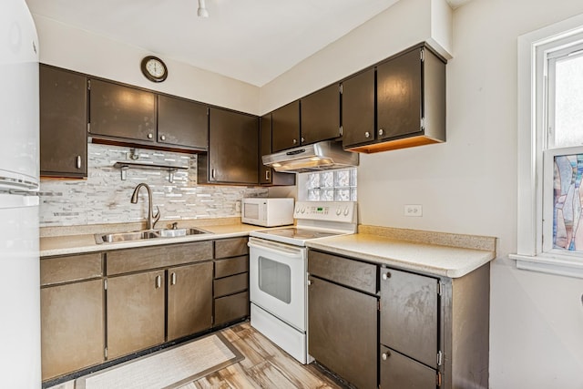 kitchen with light wood-style flooring, under cabinet range hood, white appliances, a sink, and light countertops