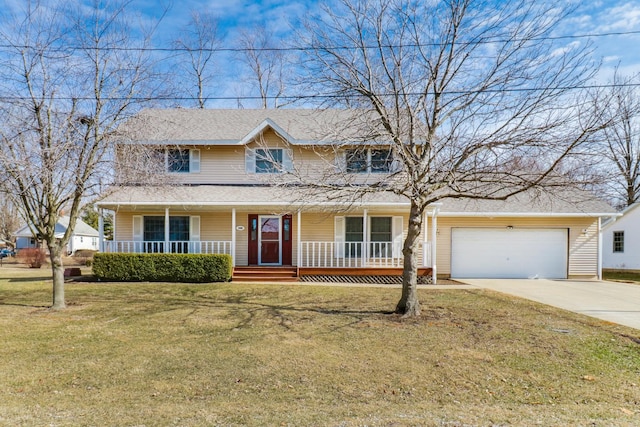 traditional-style home with an attached garage, covered porch, a front lawn, and concrete driveway