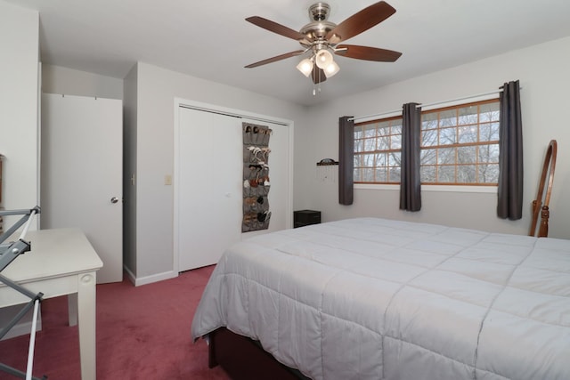 bedroom with light carpet, a closet, and a ceiling fan