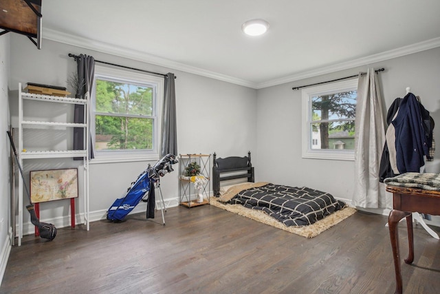 bedroom with multiple windows, ornamental molding, and wood finished floors