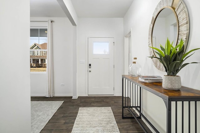 entrance foyer with dark wood finished floors, baseboards, and a wealth of natural light