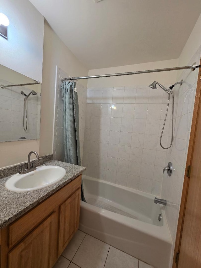 full bath featuring shower / bath combo, vanity, and tile patterned floors