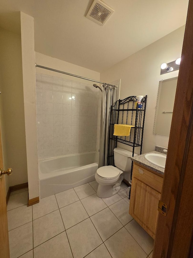 full bath with visible vents, toilet, tile patterned floors, shower / bathtub combination with curtain, and vanity