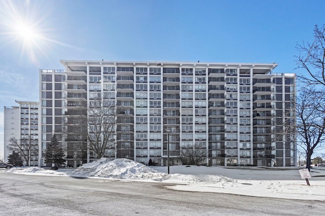 view of snow covered building