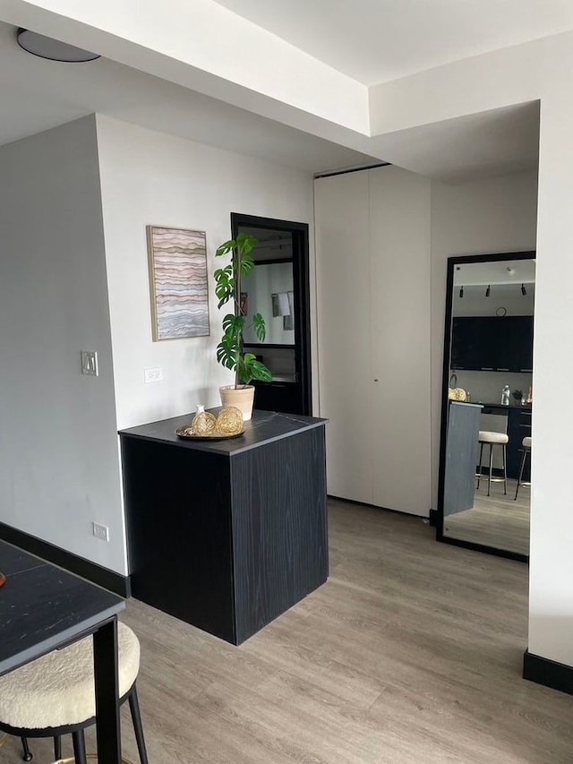 kitchen featuring dark cabinetry and wood finished floors