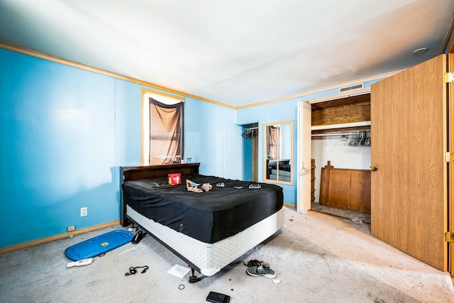 bedroom featuring baseboards, visible vents, and crown molding