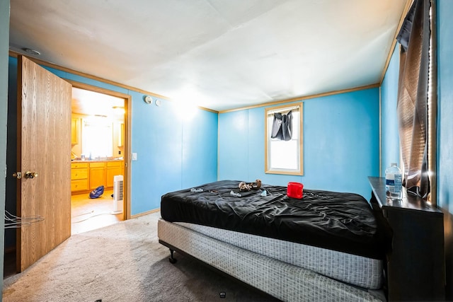 carpeted bedroom featuring ensuite bath and crown molding