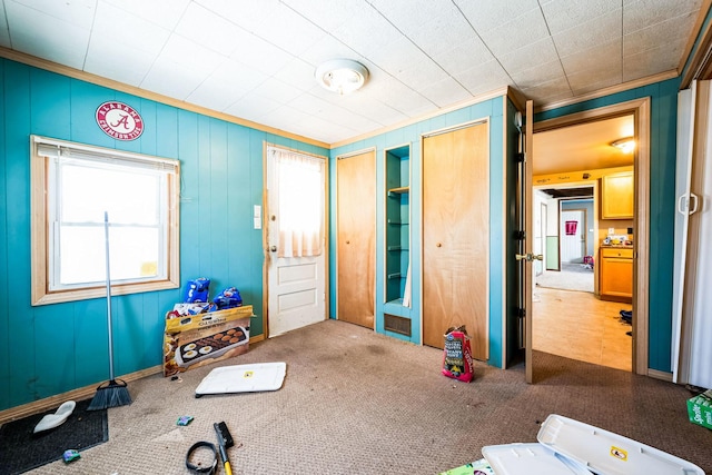 interior space with carpet floors and ornamental molding