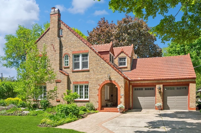 tudor house with concrete driveway, a tile roof, a chimney, an attached garage, and brick siding