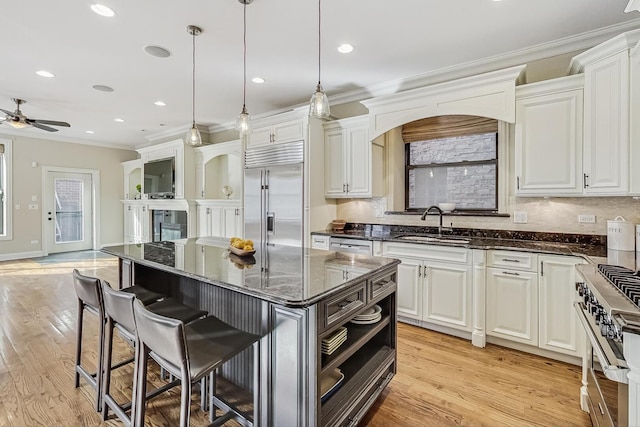 kitchen with light wood finished floors, premium appliances, crown molding, and a sink