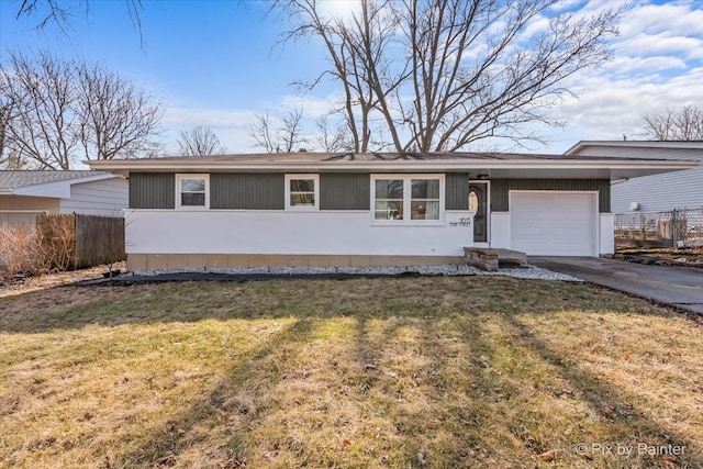 ranch-style house with an attached garage, fence, a front lawn, and concrete driveway