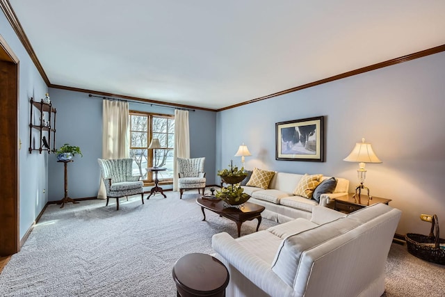 carpeted living room featuring ornamental molding and baseboards