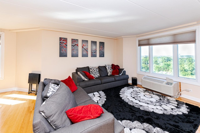 living room with baseboards, wood finished floors, and a wall mounted air conditioner